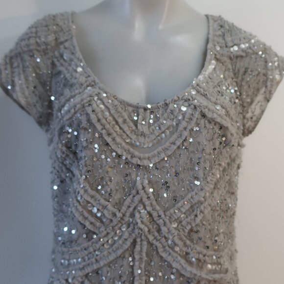 Womens Aidan Mattox Gray Silver Sequin Cap Sleeve Midi Sheath Pencil Dress 14 - Picture 4 of 16